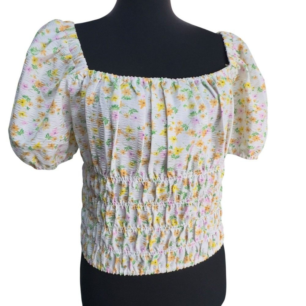 Elodie Nordstrom Floral Smocked Crop Top Size XL Puff Sleeve Summer Yellow Pink